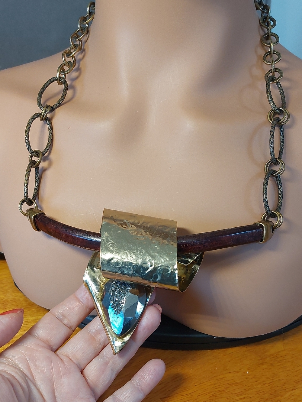 70s Boho Brutalist Brass Statement Necklace Textured Pendant Brown Leather Bar